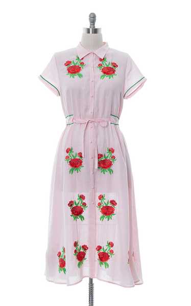 MODERN 1950s Style Embroidered Linen Dress | larg… - image 1