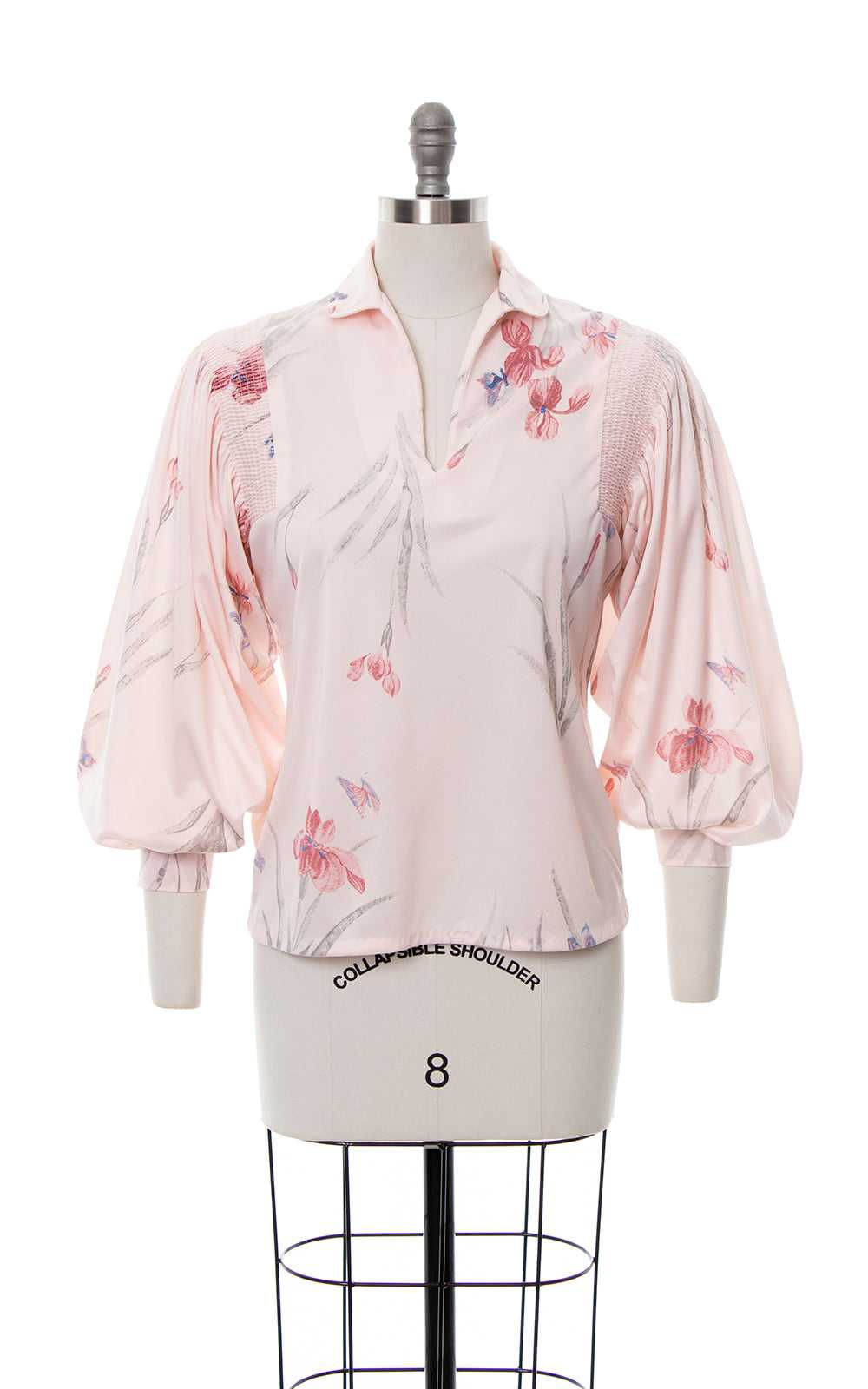 1970s 1980s Floral Balloon Sleeve Blouse | small/… - image 1