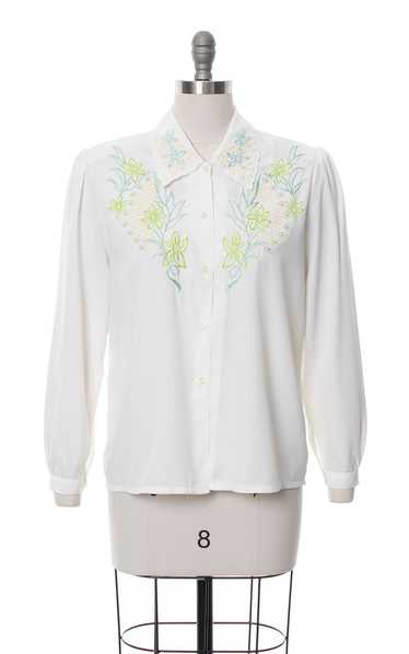 1980s Floral Embroidered White Blouse | medium