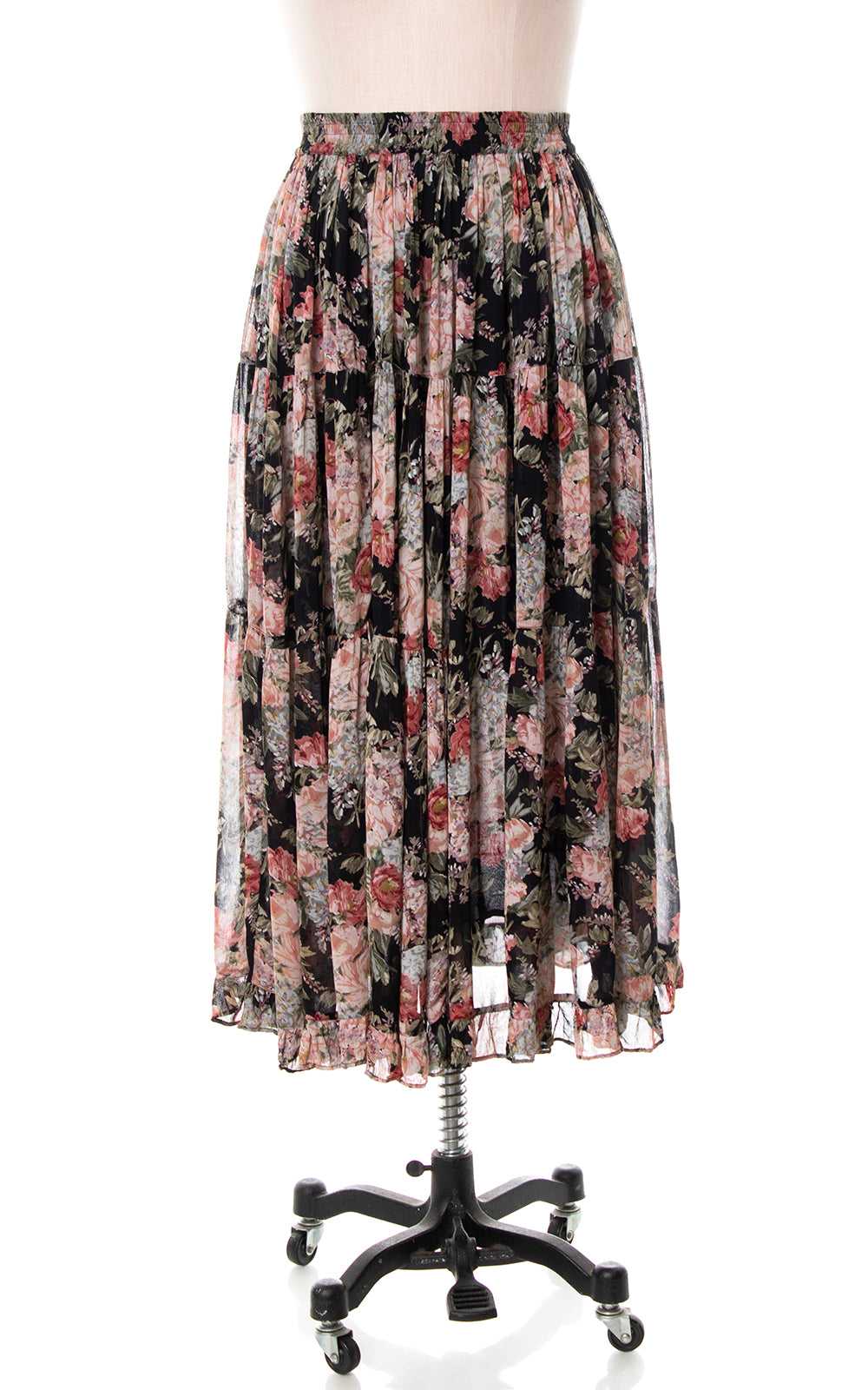 1980s Floral Rayon Tiered Skirt | small/medium - image 3