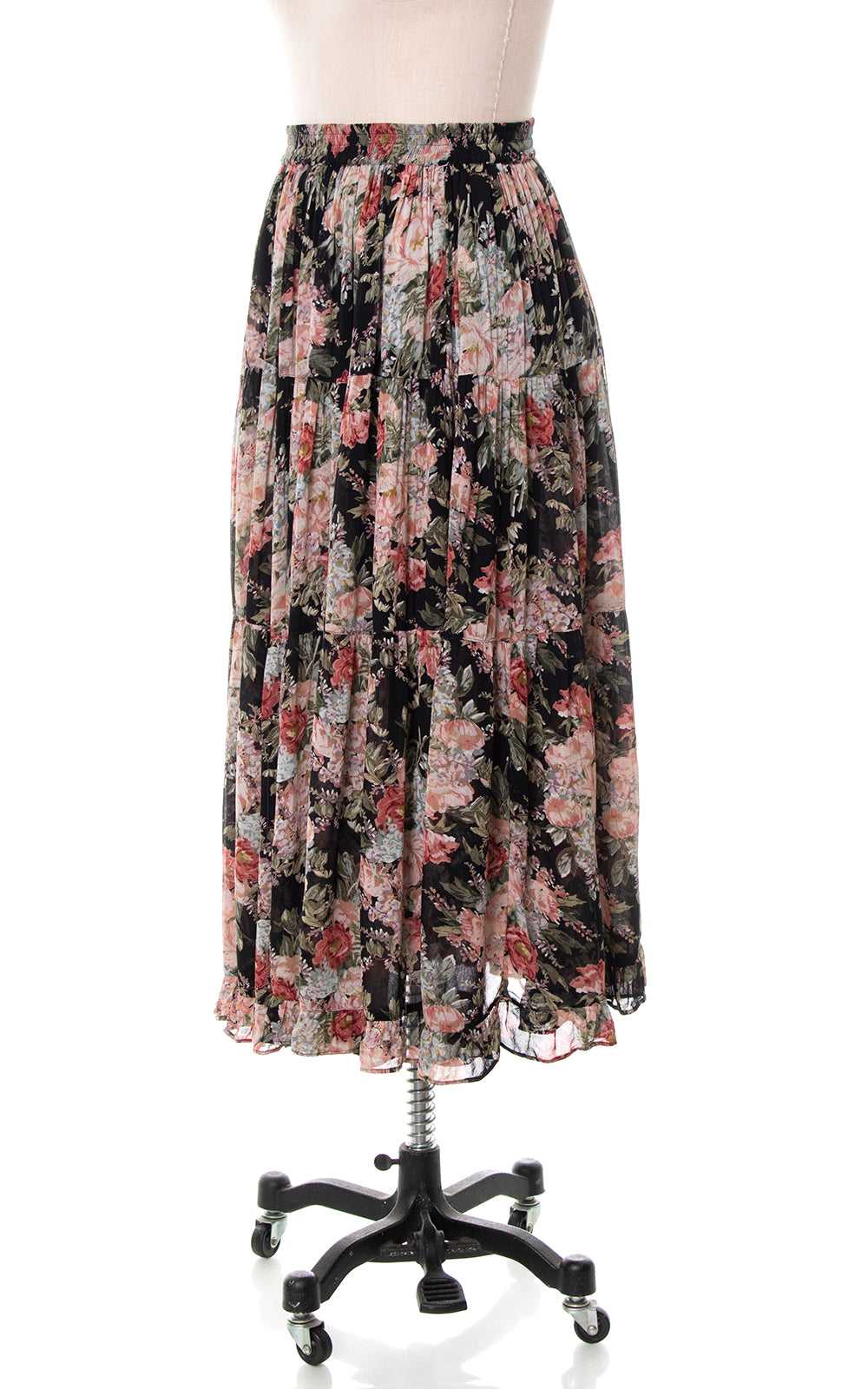 1980s Floral Rayon Tiered Skirt | small/medium - image 4