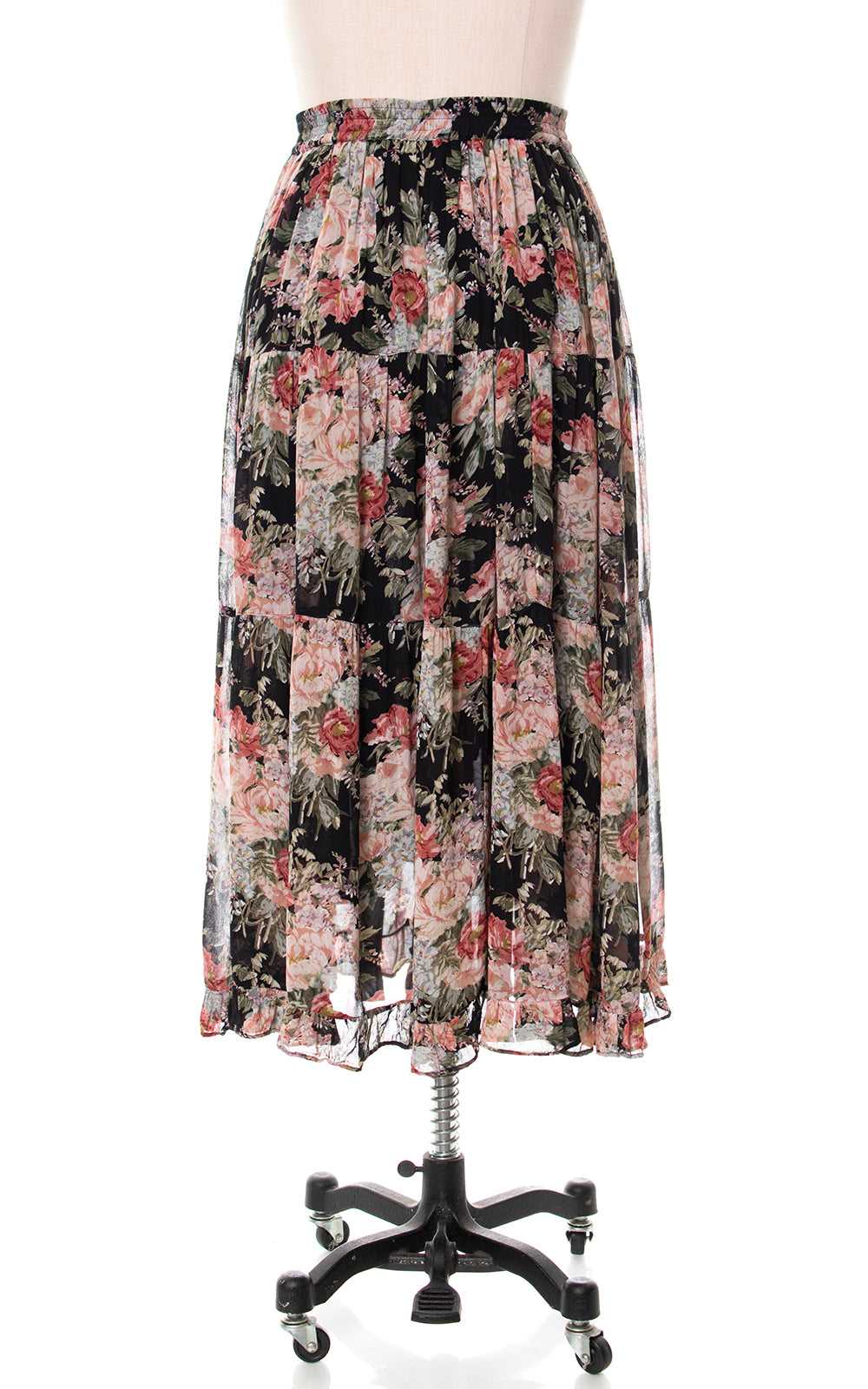 1980s Floral Rayon Tiered Skirt | small/medium - image 5