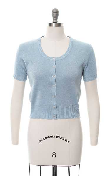 1960s Metallic Blue Knit Sweater Top | small/medi… - image 1