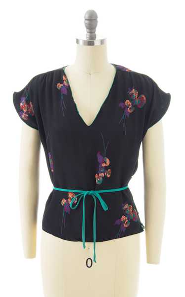 1970s does 1930s Floral Rayon Crepe Blouse | x-sm… - image 1