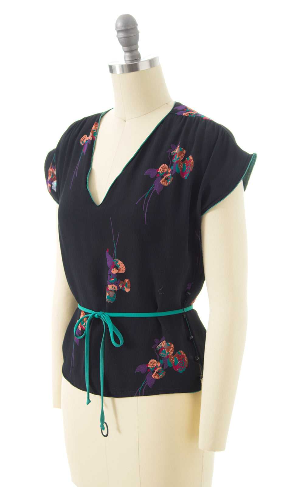 1970s does 1930s Floral Rayon Crepe Blouse | x-sm… - image 3