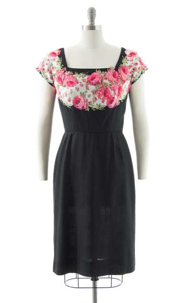 1950s Peggy Hunt Floral Sequin Silk & Linen Dress 