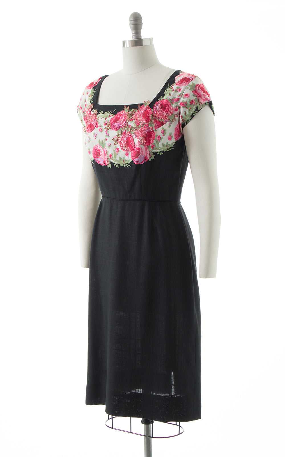 1950s Peggy Hunt Floral Sequin Silk & Linen Dress… - image 3