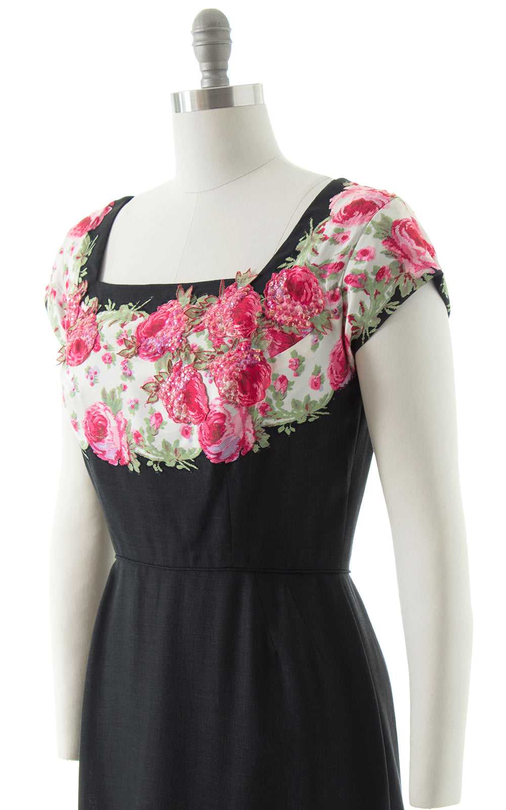 1950s Peggy Hunt Floral Sequin Silk & Linen Dress… - image 5