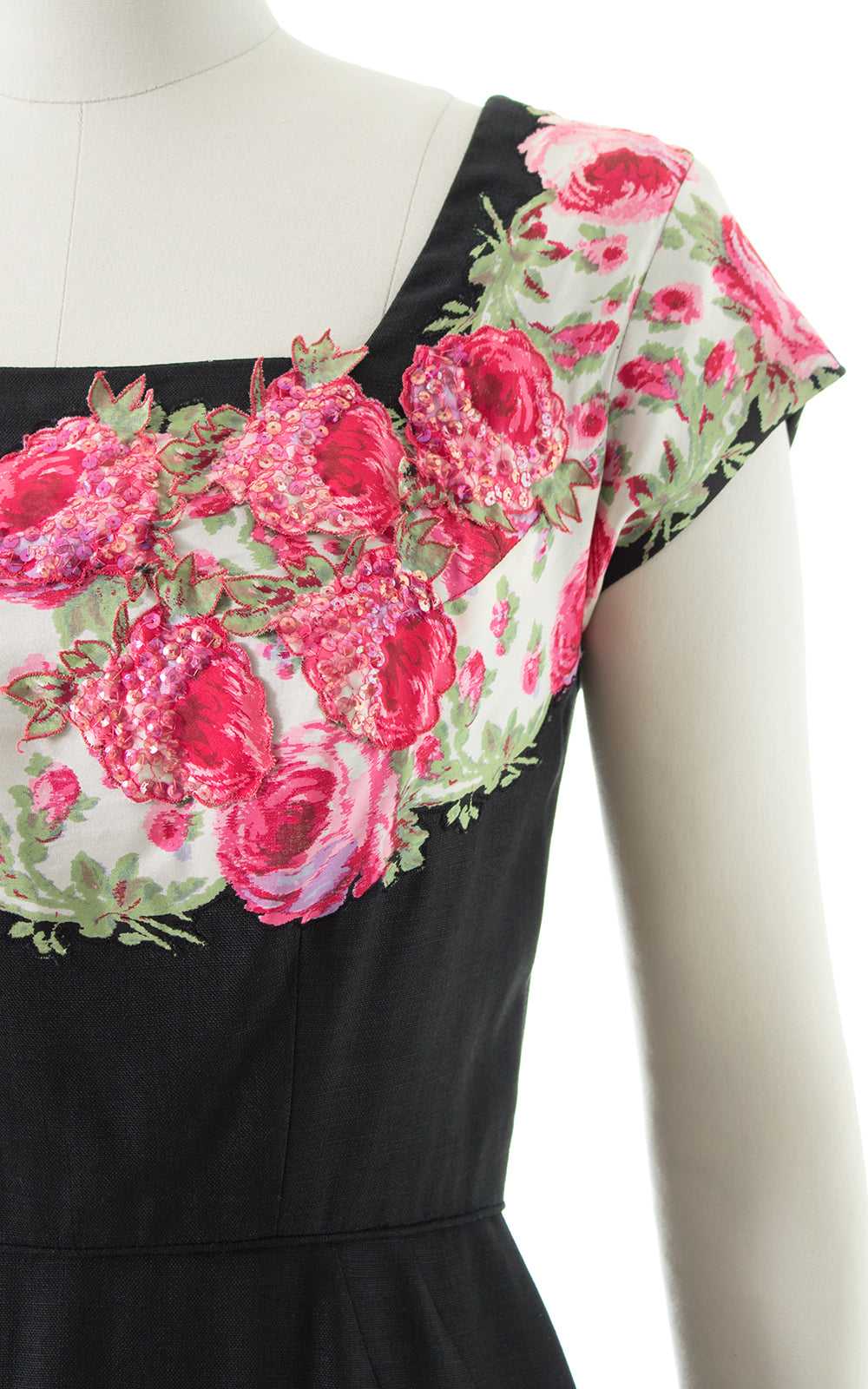 1950s Peggy Hunt Floral Sequin Silk & Linen Dress… - image 6