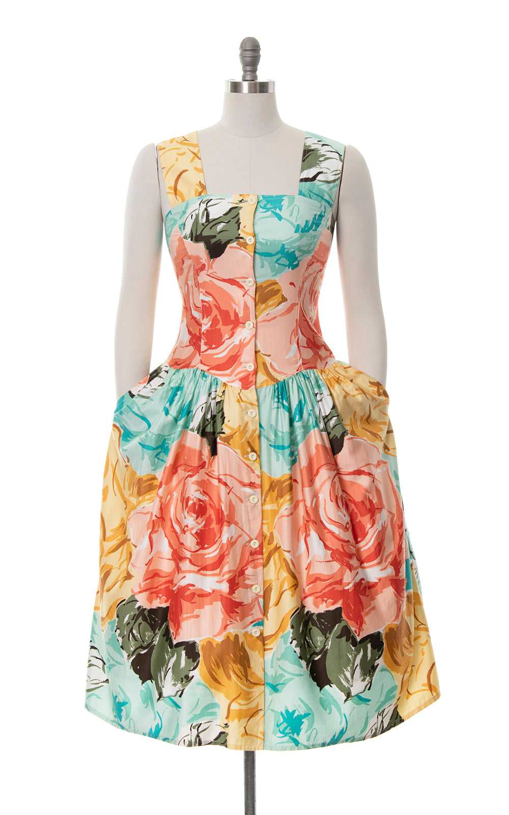 1980s Rose Floral Sundress with Pockets | x-small… - image 1