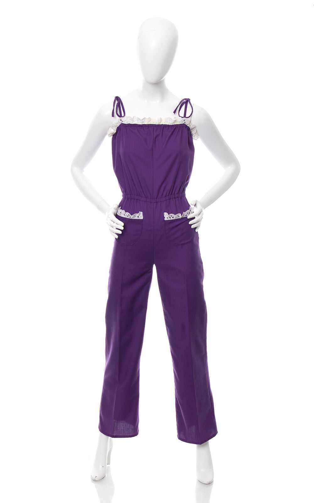 1970s Purple Tie Straps Lace Trim Jumpsuit | x-sm… - image 1