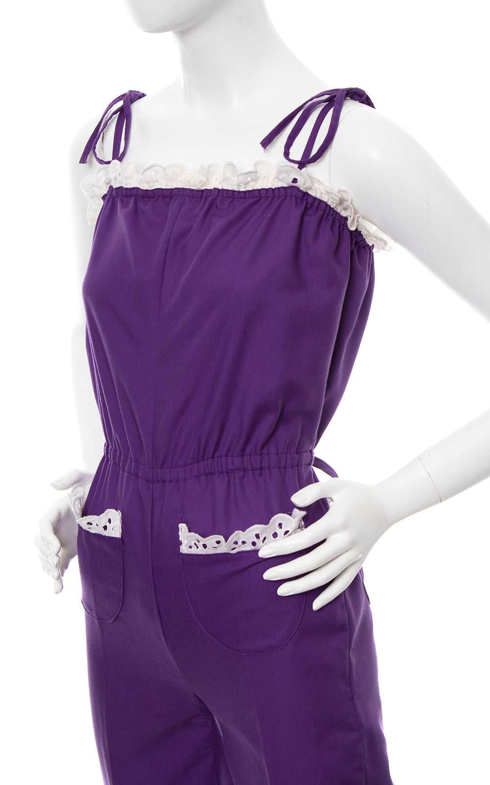 1970s Purple Tie Straps Lace Trim Jumpsuit | x-sm… - image 2