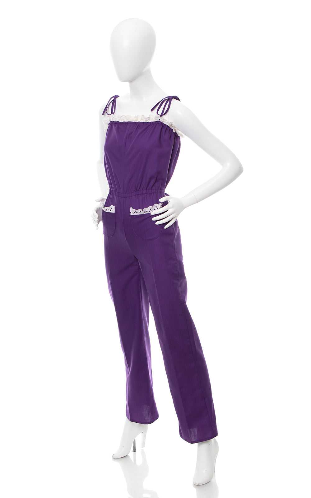 1970s Purple Tie Straps Lace Trim Jumpsuit | x-sm… - image 3