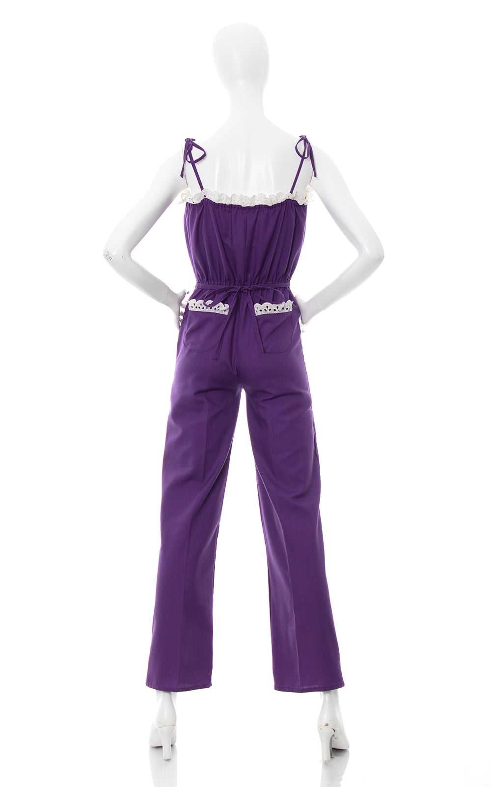 1970s Purple Tie Straps Lace Trim Jumpsuit | x-sm… - image 4