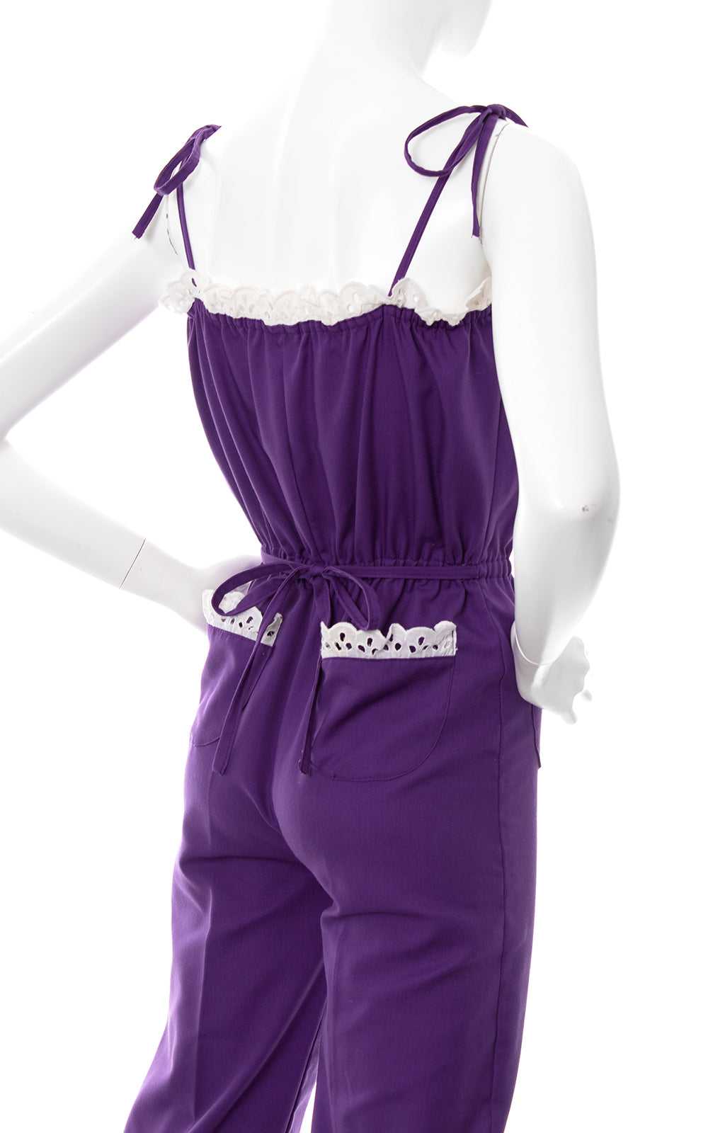 1970s Purple Tie Straps Lace Trim Jumpsuit | x-sm… - image 7