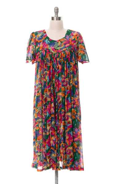1980s Floral Cotton Trapeze Dress | medium/large/x