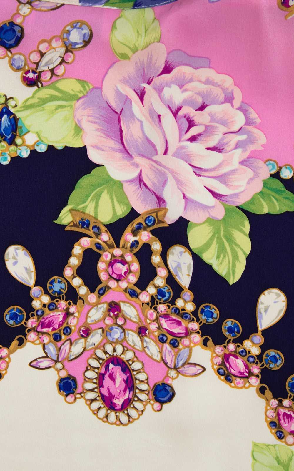 1980s Silk Rhinestone Jewelry Roses Novelty Print… - image 2