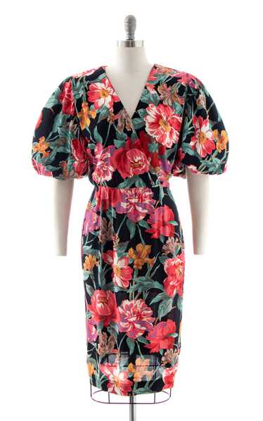 1980s Black Floral Puff Sleeve Sheath Dress | sma… - image 1