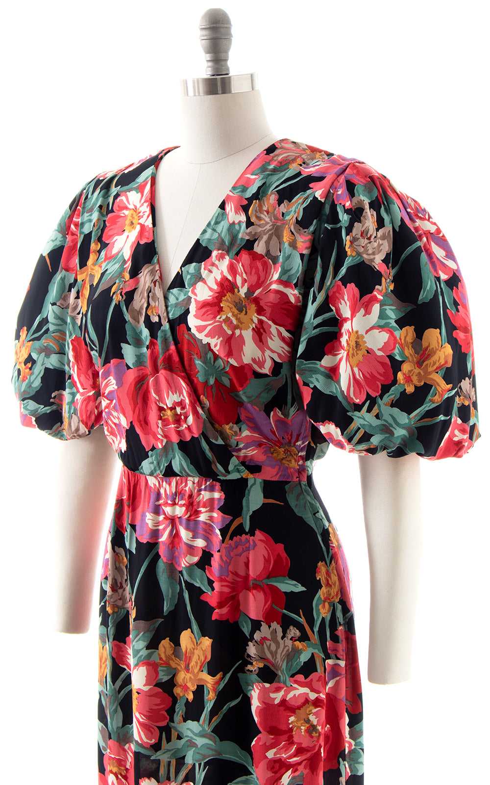1980s Black Floral Puff Sleeve Sheath Dress | sma… - image 2