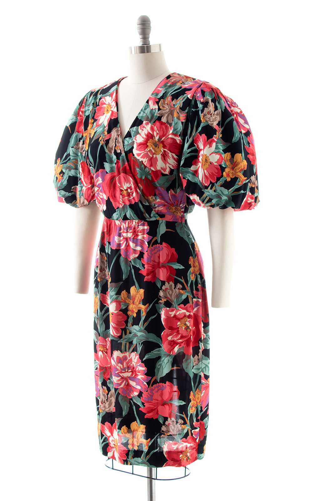 1980s Black Floral Puff Sleeve Sheath Dress | sma… - image 3