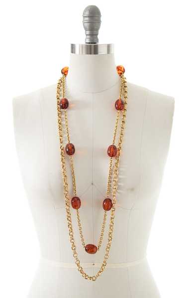 1970s 1980s Double Strand Gold Tone & Faux Amber N