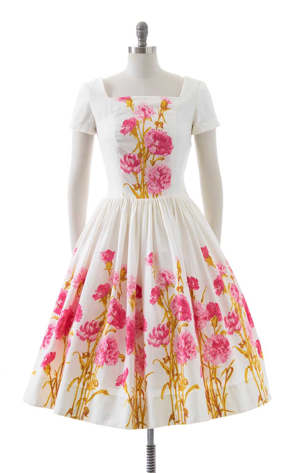 1950s Carnations Border Print Cotton Dress | medi… - image 1
