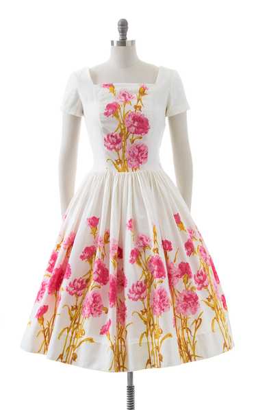 1950s Carnations Border Print Cotton Dress | medi… - image 1