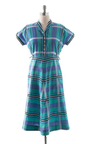 1940s 1950s Plaid Cotton Shirtwaist Dress with Poc