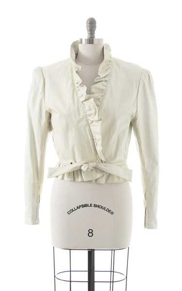 1980s Ruffled White Leather Cropped Jacket | small