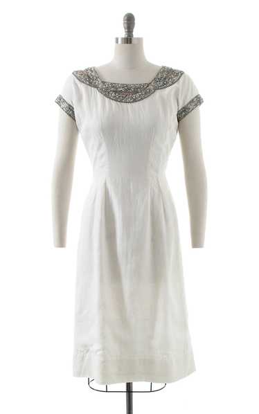 1960s Beaded Rhinestone Linen Wiggle Dress | mediu