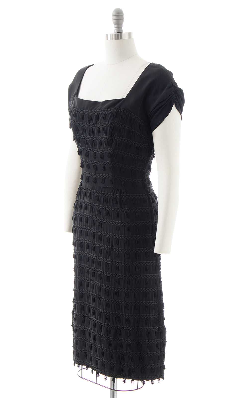 1940s 1950s Black Rayon Tassels Party Dress | sma… - image 3