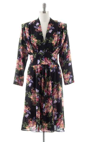 1980s Black Floral Dress with Pockets | medium/lar