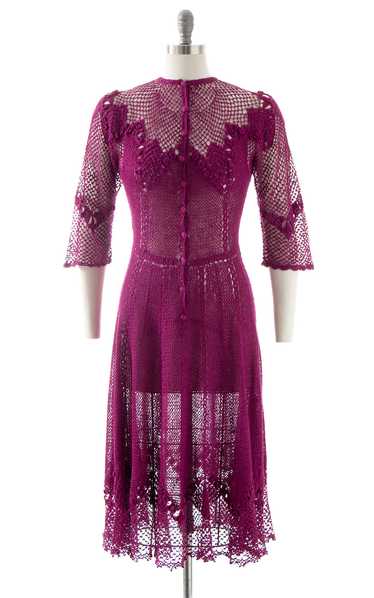 1970s Open Crochet Shirtwaist Dress | small