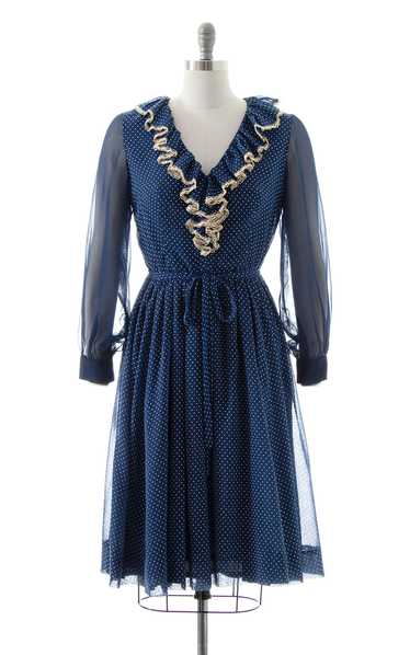 1970s Polka Dot Ruffled Sheer Sleeve Dress | mediu