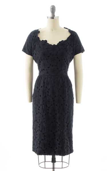 1950s Black Floral Cutwork Wiggle Dress | small - image 1