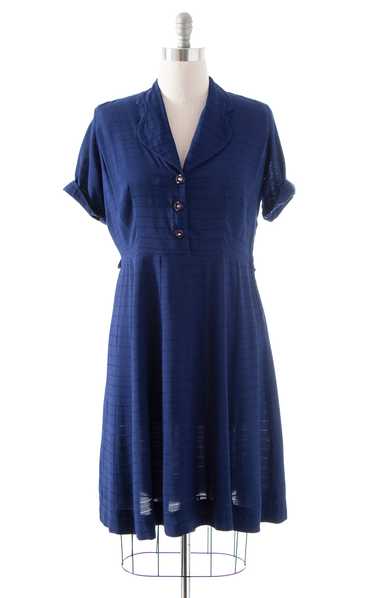 1940s Navy Blue Cotton Rayon Shirtwaist Dress | x-