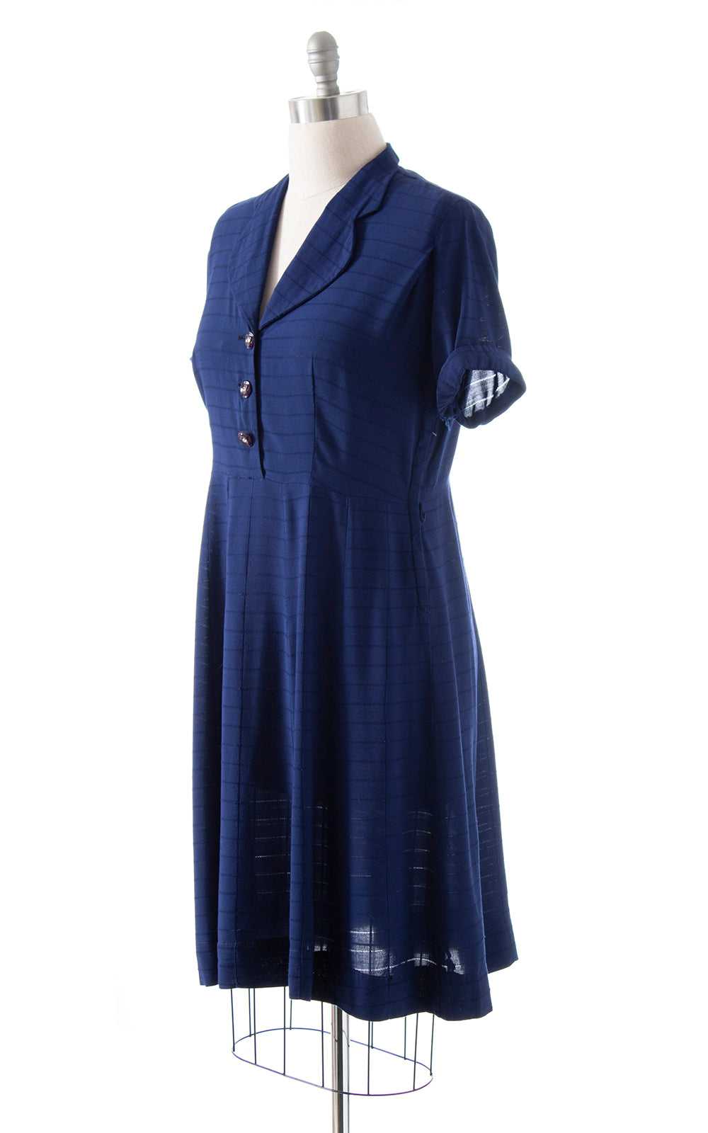 1940s Navy Blue Cotton Rayon Shirtwaist Dress | x… - image 3