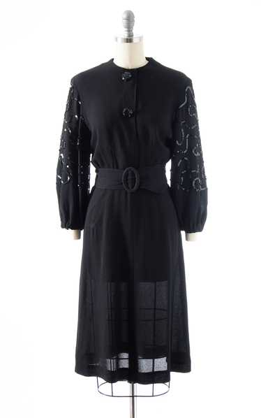 1930s Sequin Soutache Balloon Sleeve Rayon Dress … - image 1