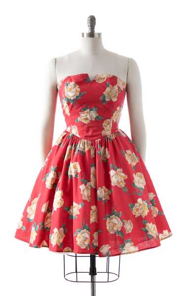 1980s Rose Smocked Strapless Circle Skirt Sundress