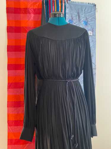70s Black Pleated Silk Gown - image 1