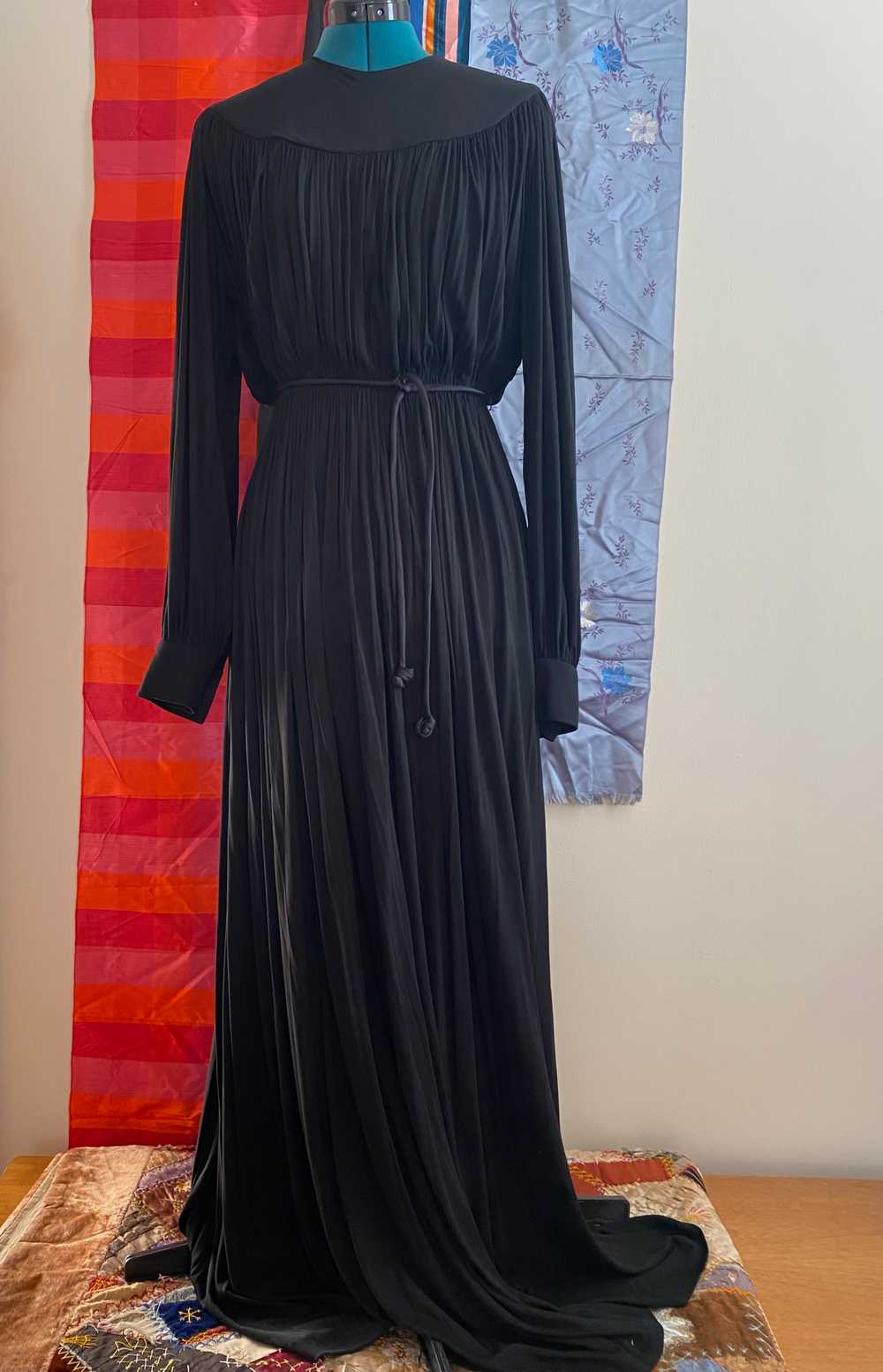 70s Black Pleated Silk Gown - image 3