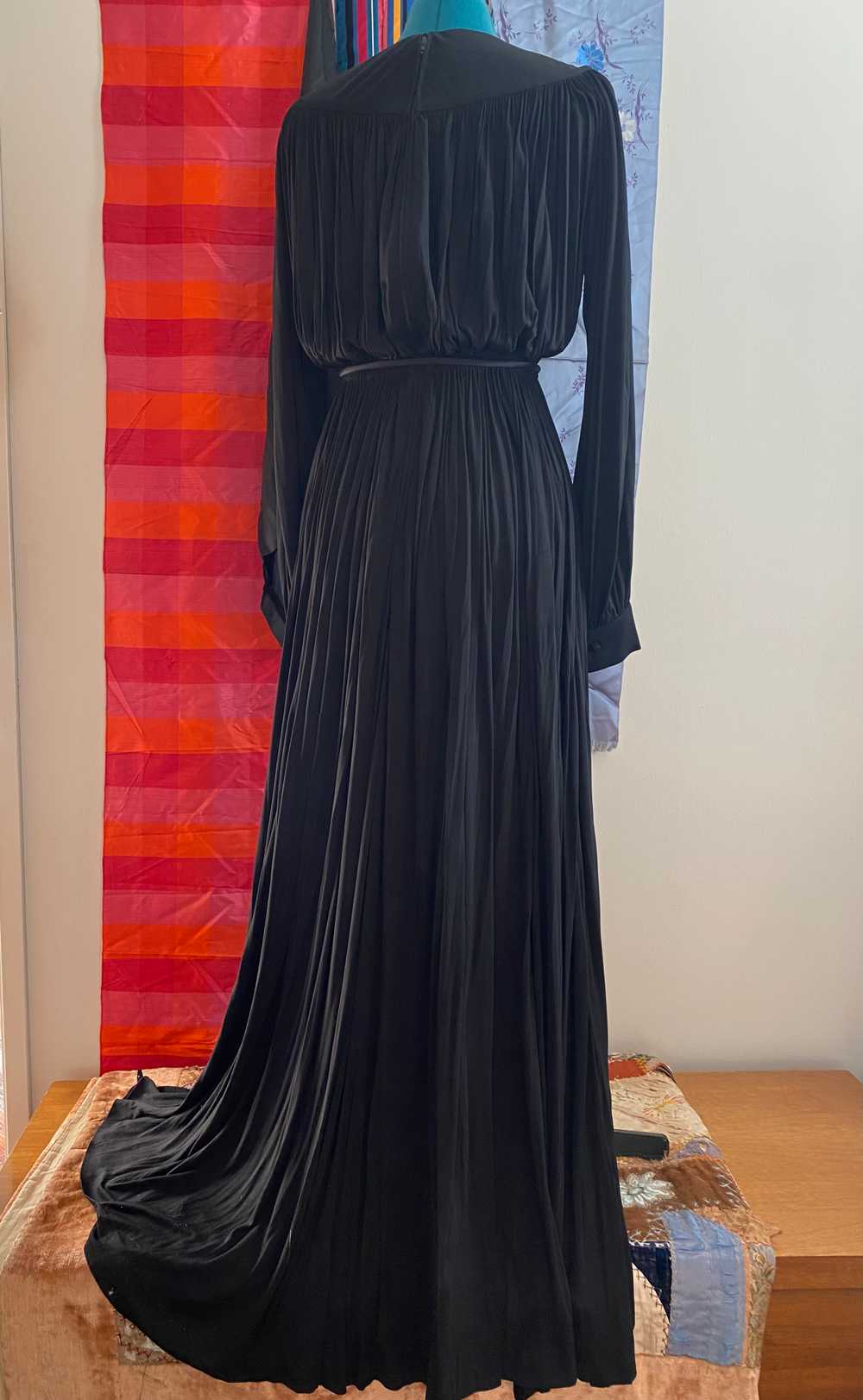 70s Black Pleated Silk Gown - image 4