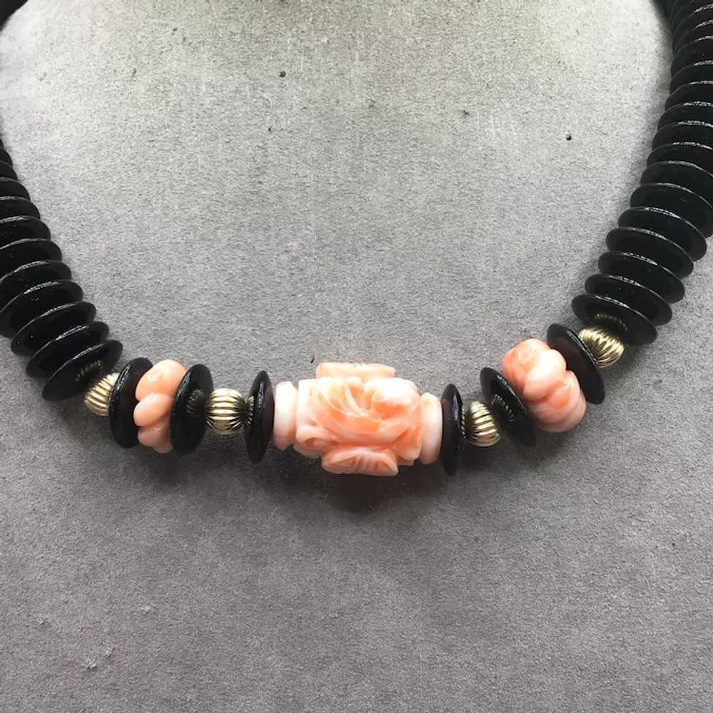 Oriental Carved Angel Skin Coral Onyx and 14K Gol… - image 6