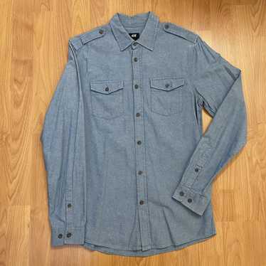 utility jacket with chambray denim shirt, H&M gray fedora, Louis