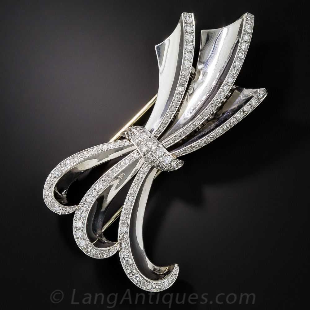 Art Deco/Retro Platinum Diamond Bow Brooch - image 1