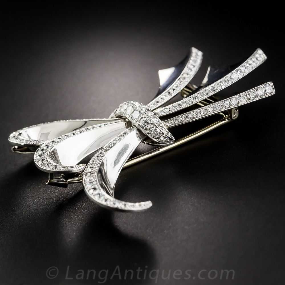 Art Deco/Retro Platinum Diamond Bow Brooch - image 3
