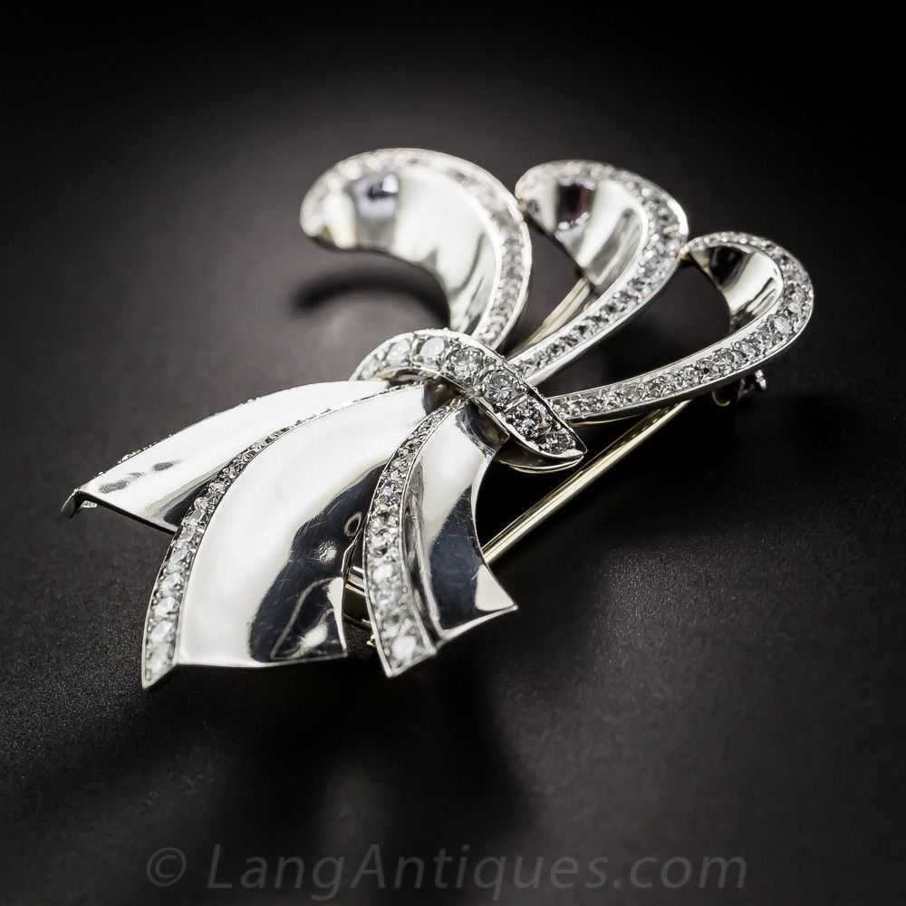 Art Deco/Retro Platinum Diamond Bow Brooch - image 4