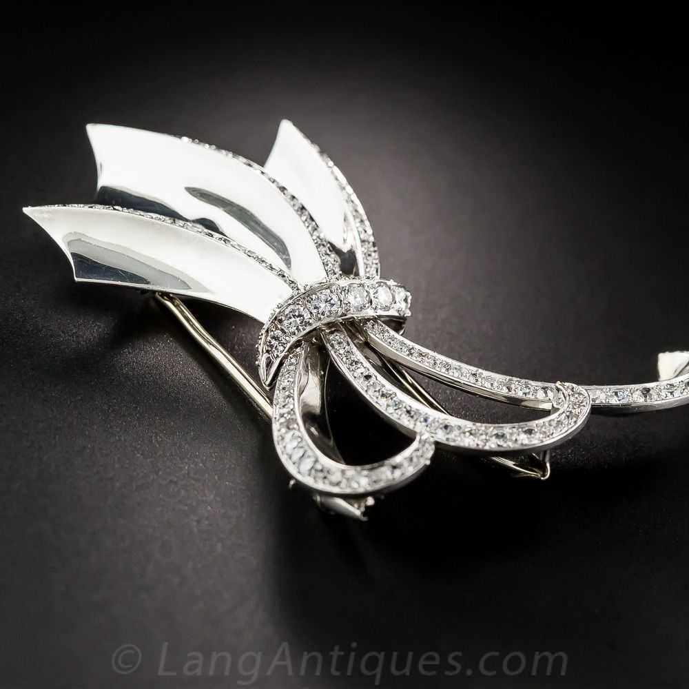 Art Deco/Retro Platinum Diamond Bow Brooch - image 5