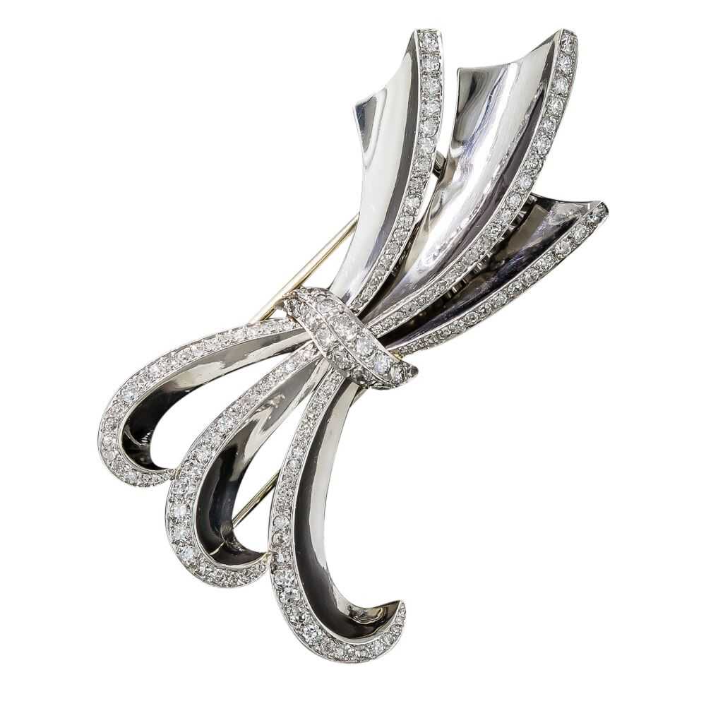 Art Deco/Retro Platinum Diamond Bow Brooch - image 6
