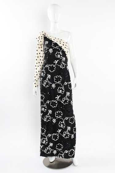 ADOLFO Sequin Floral Lace Polka Dot Dress